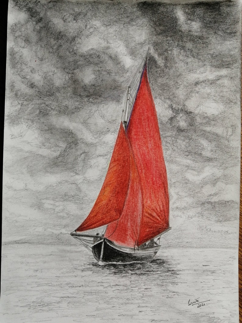 Painting Seascape sailboat wall decor art charcoal sketch Etsy