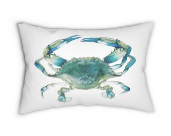 Blue Claw Crab Lumbar Pillow – Coastal Nautical Home Decor, Beach House Rectangle Throw Pillow, Seaside Accent