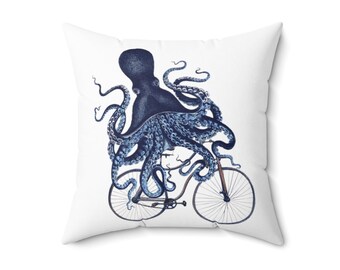 Octopus on a Bike Pillow – Whimsical Coastal Home Decor, Nautical Beach House Accent Throw Pillow