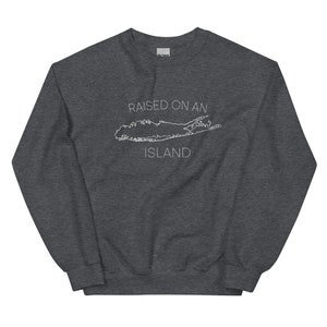 May include: A dark gray sweatshirt with the text "RAISED ON AN ISLAND" and a white outline of Long Island.