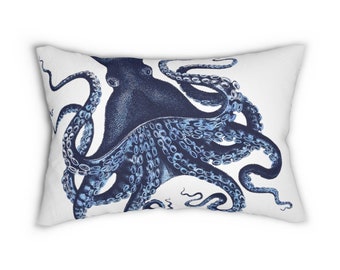 Blue Octopus Lumbar Pillow – Coastal Nautical Home Decor, Beach House Rectangle Throw Pillow, Ocean Accent
