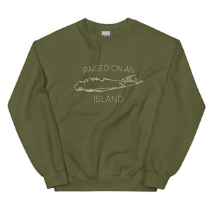 May include: A green sweatshirt with the text "RAISED ON AN ISLAND" and a white outline of Long Island.