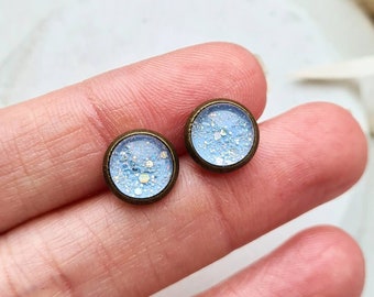 Glitter studs, stud earrings, hand painted galaxy earrings, handmade gift for her, lilac earrings, small tiny earrings, stocking filler