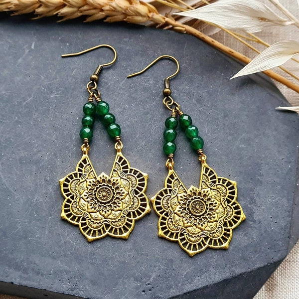 Mandala earrings, green earrings, ethnic earrings, bohemian boho earrings, dangle drop earrings, yoga healing jewellery, gift for her