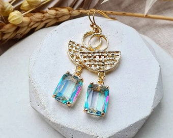 Gold earrings, elegant earrings, faceted blue glass earrings, dangle drop earrings, handmade gift for her, art deco party gold jewellery