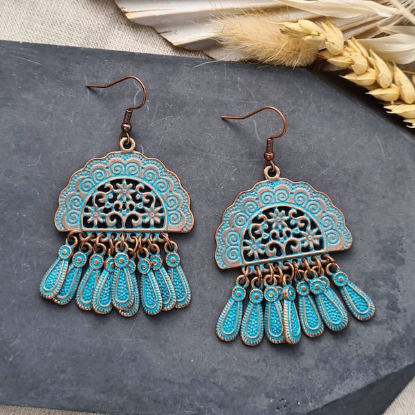 Bohemian earrings, copper earrings, chandelier earrings, statement earrings, mandala earrings, boho jewellery, dangle drop earrings, gift