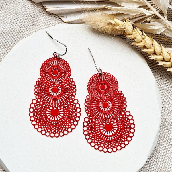 Mandala earrings, bohemian earrings, statement earrings, boho jewellery, tribal filigree earrings, red earrings, steel hypoallergenic gift