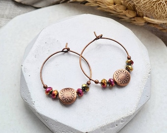 Kupfer Mandala Creolen Ohrringe - Boho Kleine Creolen