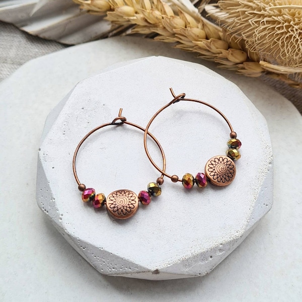 Mandala earrings, mandala hoops, copper hoop earrings, small hoops, bohemian jewellery, boho earrings, gift for her, dainty earrings