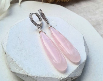 Rose Quartz earrings, gemstone earrings, elegant earrings, long dangle drop earrings, pink boho earrings, small hoop earrings, gift for her
