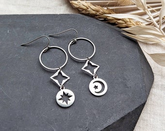 Mismatched moon and star earrings, stainless steel hypoallergenic earrings, dangle drop earrings, silver galaxy witch earrings, gift for her