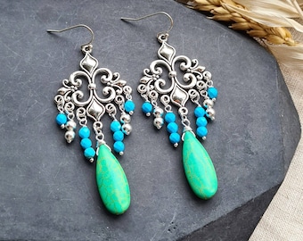 Boho Dangle Earrings, Silver Charms, Turquoise & Green Beads