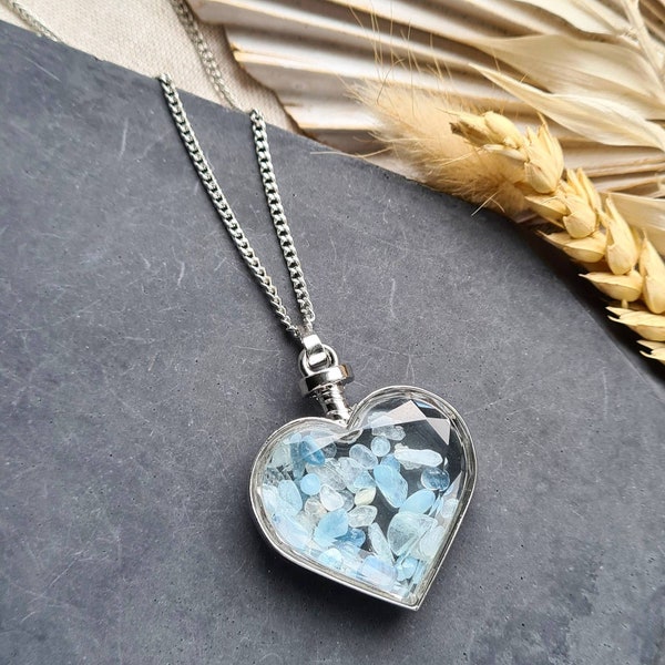 Aquamarine shaker necklace, heart necklace, gemstone crystal locket pendant, bohemian boho jewellery, Valentine's gift for loved one her