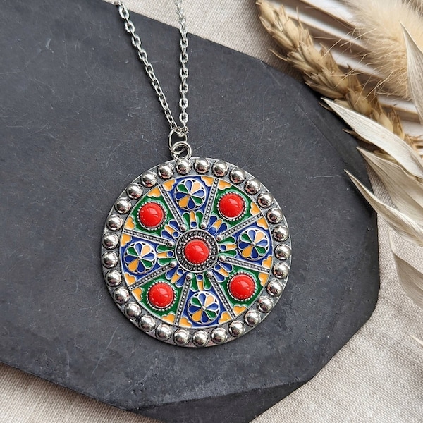 Mandala necklace, bohemian necklace, colourful flower necklace, mandala jewellery, gift for her, handmade silver necklace, chakra boho yoga