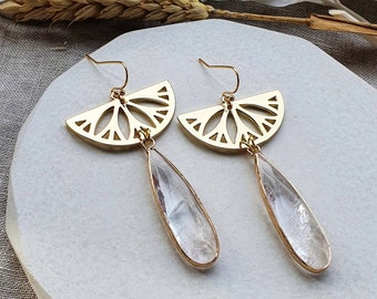 Clear Quartz Dangle Earrings - Gold Bohemian Statement Jewellery