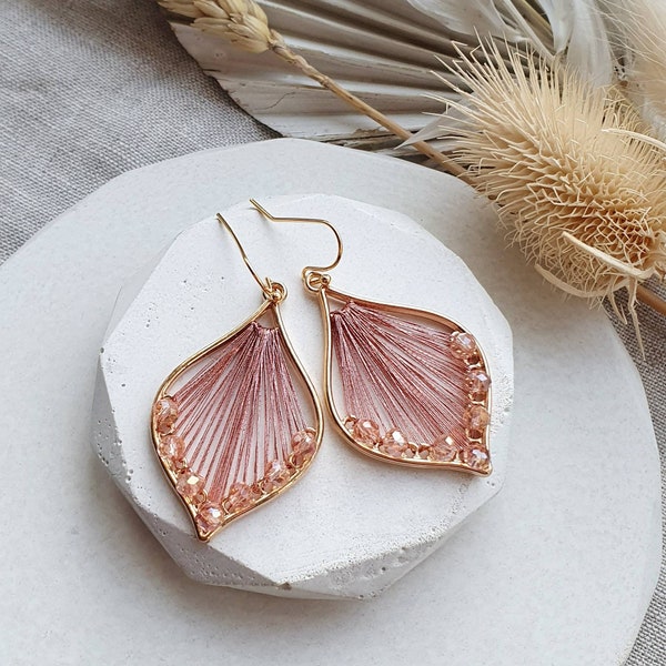 Bohemian earrings, rose pink earrings, dangle drop earrings, gold earrings, elegant earrings, gift for her, boho earrings, small earrings