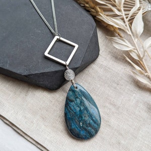 Gemstone necklace, bohemian necklace, blue Agate pendant, geometric healing crystal necklace, boho handmade jewellery, gift for her