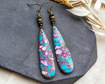 Bohemian earrings, crystal earrings, gemstone earrings, purple turquoise earrings, dangle drop statement earrings, handmade gift for her