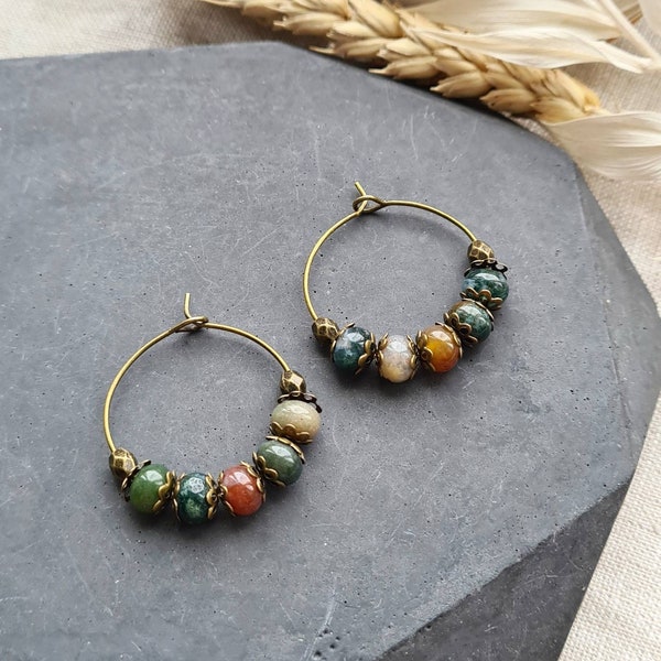 Boho earrings, gemstone earrings, ethnic earrings, small hoop earrings, bohemian hoops, handmade indian agate earrings, neutral gift for her