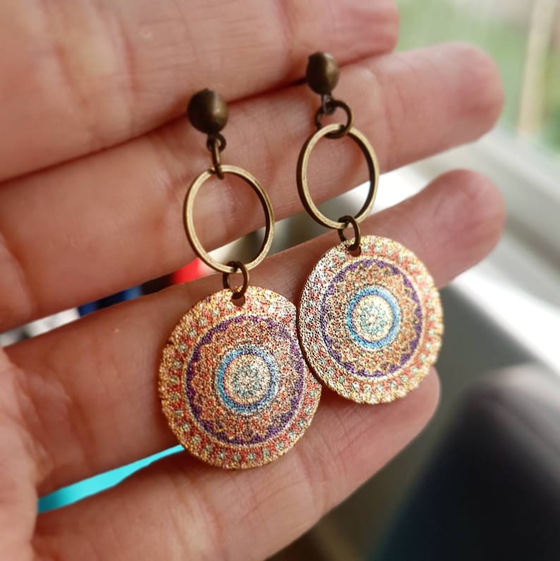 Mandala earrings, ethnic earrings, tribal gold bronze earrings, boho jewellery, dangle drop bohemian earrings, gift for women zdjęcie 6