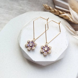 Flower earrings, geometric hoops, dangle drop earrings, handmade gold earrings, gift for her, dainty earrings, boho bohemian jewellery zdjęcie 3