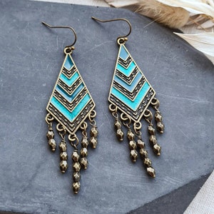 Bohemian earrings, teal blue turquoise earrings, boho jewellery, chandelier earrings, handmade earrings, festival jewellery, unique gift her zdjęcie 4