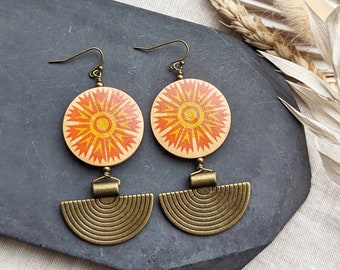 Ethnic Wooden Mandala Earrings: Bronze Boho Dangle Earrings