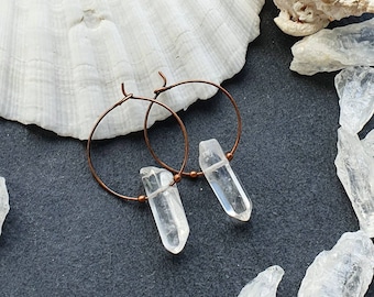 Copper crystal hoops, clear quartz crystal earrings, bohemian earrings, boho jewellery, healing crystals, dainty jewellery, gift for her