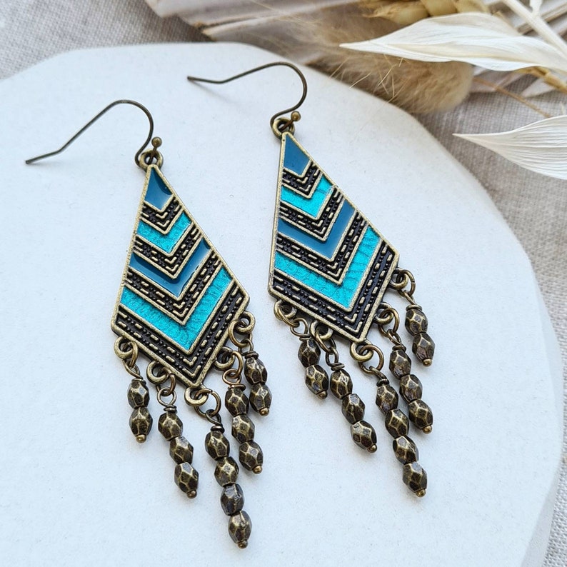 Bohemian earrings, teal blue turquoise earrings, boho jewellery, chandelier earrings, handmade earrings, festival jewellery, unique gift her 画像 3