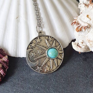 Sun and Moon necklace, moon and stars, sky necklace, bohemian necklace, turquoise bohemian pendant, spiritual meditation yoga jewellery