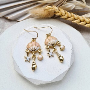 Beach earrings, sea shell earrings, summer bohemian jewellery, dangle drop earrings, handmade earrings, gift for her, dainty gold earrings