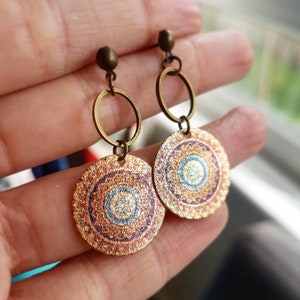 Mandala earrings, ethnic earrings, tribal gold bronze earrings, boho jewellery, dangle drop bohemian earrings, gift for women zdjęcie 5