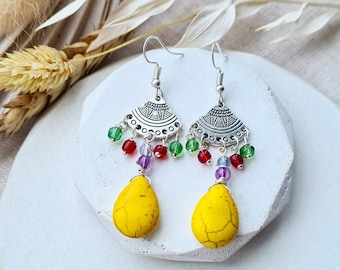 Yellow bohemian earrings, dangle drop earrings, ethnic earrings, boho jewellery, colourful summer earrings, silver handmade gift for her