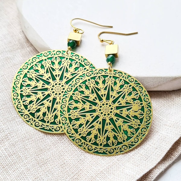 Mandala earrings, green gold earrings, ethnic earrings, handmade earrings, statement earrings, gift for her, big boho bohemian jewellery