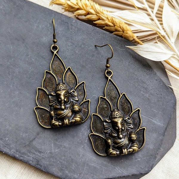 Elephant earrings, buddhist jewellery, hindu earrings, buddha lotus flower earrings, dangle drop earrings, statement earrings gift for her