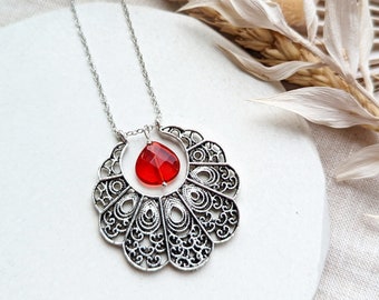 Rode kwarts-mandalaketting: zilveren boho-sieraden