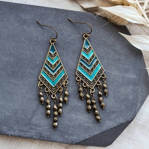 Bohemian earrings, teal blue turquoise earrings, boho jewellery, chandelier earrings, handmade earrings, festival jewellery, unique gift her 画像 1