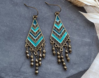 Bohemian earrings, teal blue turquoise earrings, boho jewellery, chandelier earrings, handmade earrings, festival jewellery, unique gift her