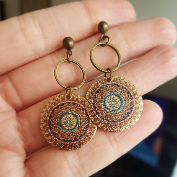Mandala earrings, ethnic earrings, tribal gold bronze earrings, boho jewellery, dangle drop bohemian earrings, gift for women