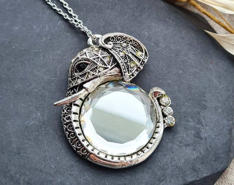 Elephant Necklace, Rhinestone Boho Ethnic Jewelry, Long Silver Chain