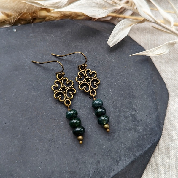 Boho earrings, gemstone earrings, flower earrings, green agate earrings, small bronze dangle drop earrings, handmade jewellery for her