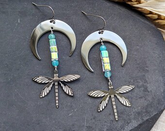 Dragonfly earrings, bohemian statement earrings, dangle drop earrings, moon nature earrings, handmade gift for her, stainless steel earrings