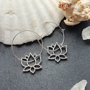 Lotus flower hoops, lotus hoop earrings, bohemian earrings, boho jewellery, flower lover jewellery, meditation yoga jewellery, gift for her