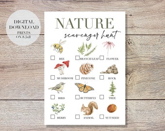 Printable nature scavenger hunt for kids, watercolor printable activity for hiking camping nature, woodland theme birthday party game