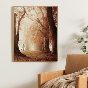 Jesus Christ Walking Lamb Through Autumn Trees, Christian Art, Jesus Christ picture, LDS Fall themed art print UNFRAMED, Forrest landscape.