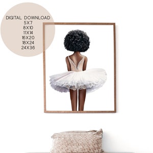 DIGITAL DOWNLOAD dark skin ballerina printable with tutu, beautiful black ballet dancer with curly hair, girls ballet studio dance decor