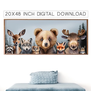 Woodland Themed Nursery wall art animal print 20x48 inch DIGITAL DOWNLOAD, large landscape watercolor forrest, bear deer fox raccoon owl