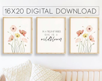 wildflower watercolor set of 3 prints 16x20, pink and red floral printable, pastel poppies digital, spring themed floral prints