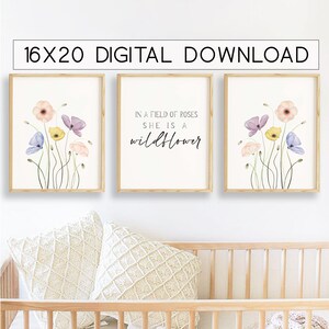 set di acquerelli di fiori selvatici di 3 stampe 16x20, pervinca e malva floreale stampabile, papaveri pastello digitali, stampe floreali a tema primaverile