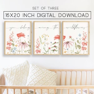 wildflower watercolor prints set of 3 16x20 inch, watercolor poppy flower, flower themed prints, you belong among the wildflowers quote
